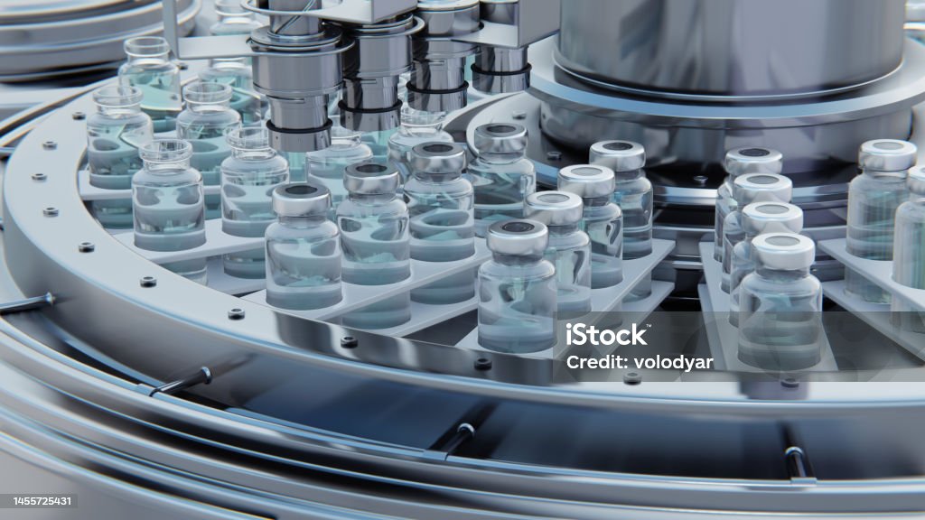 istockphoto-1455725431-1024x1024_vaccine industry filling production Close up 3d render. Vaccine manufacturing, machine puts caps on bottles vials passing on conveyor belt. Clear blue liquid.
Pharmaceutical company production line 3d rendering.