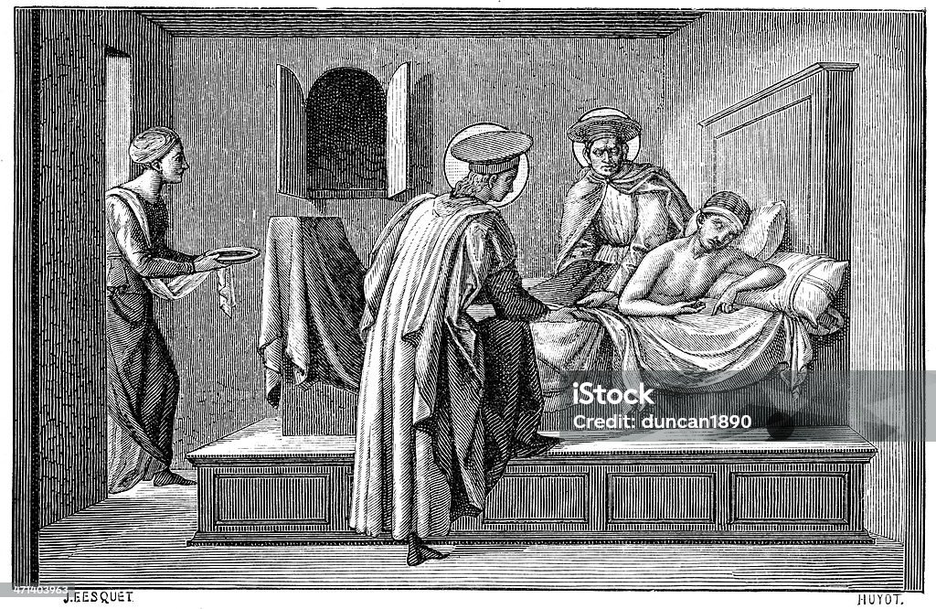 istockphoto-471403963-1024x1024_before 1800s The brothers Saints Cosmas and Damian (late third century) and visiting a patient and administering relief. Saints Cosmas and Damian (also written Kosmas and Damianos) were twin brothers, physicians, and early Christian martyrs born in Cilicia. They practiced their profession in the seaport of Ayas, Adana, then in the Roman province of Syria. Accepting no payment for their services led to them being named "Ανάργυροι" (Unmercenary); it has been said that, by this, they attracted many to the Christian faith.