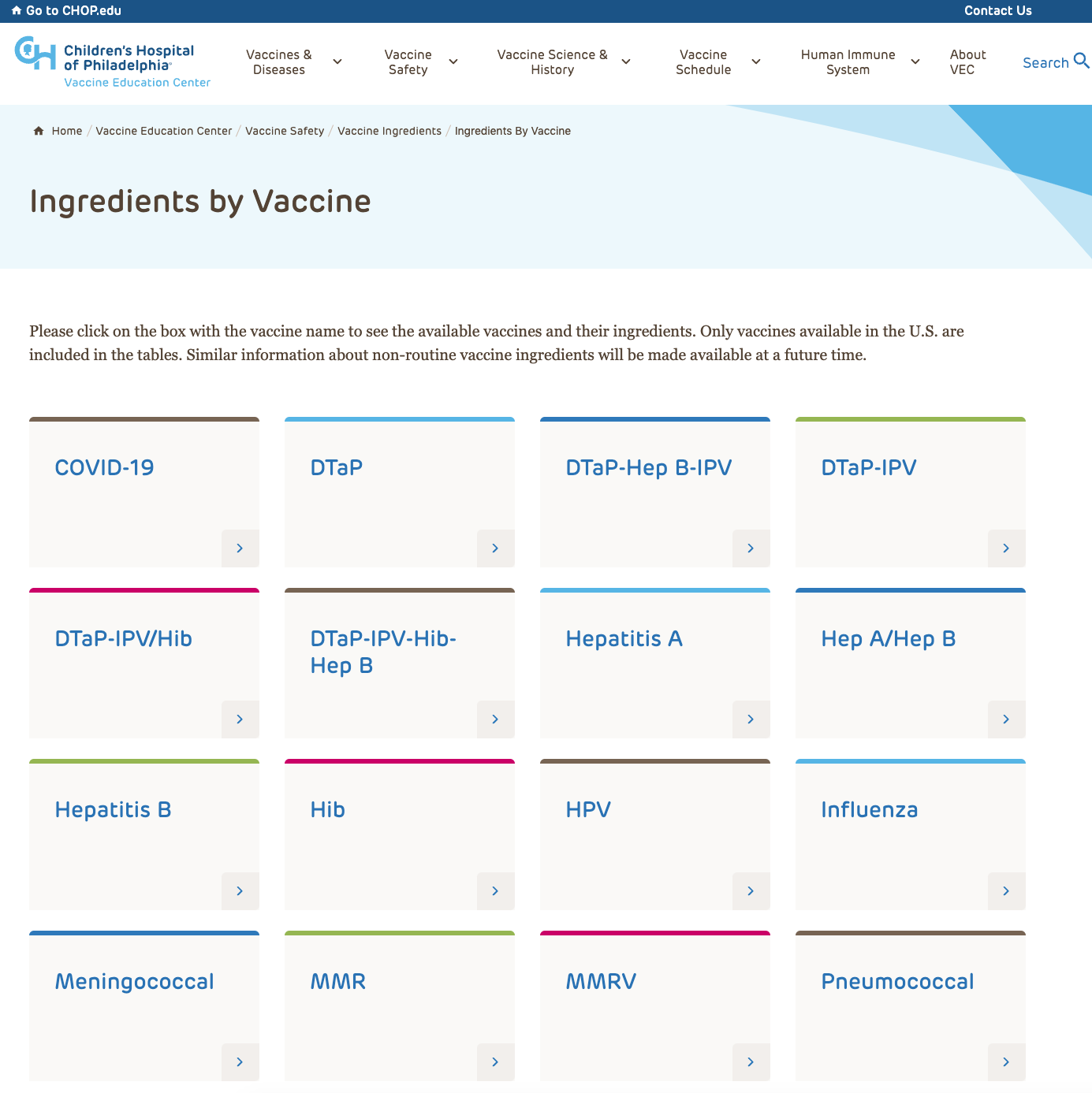 CHOP Vaccine ingredients homepage webshot