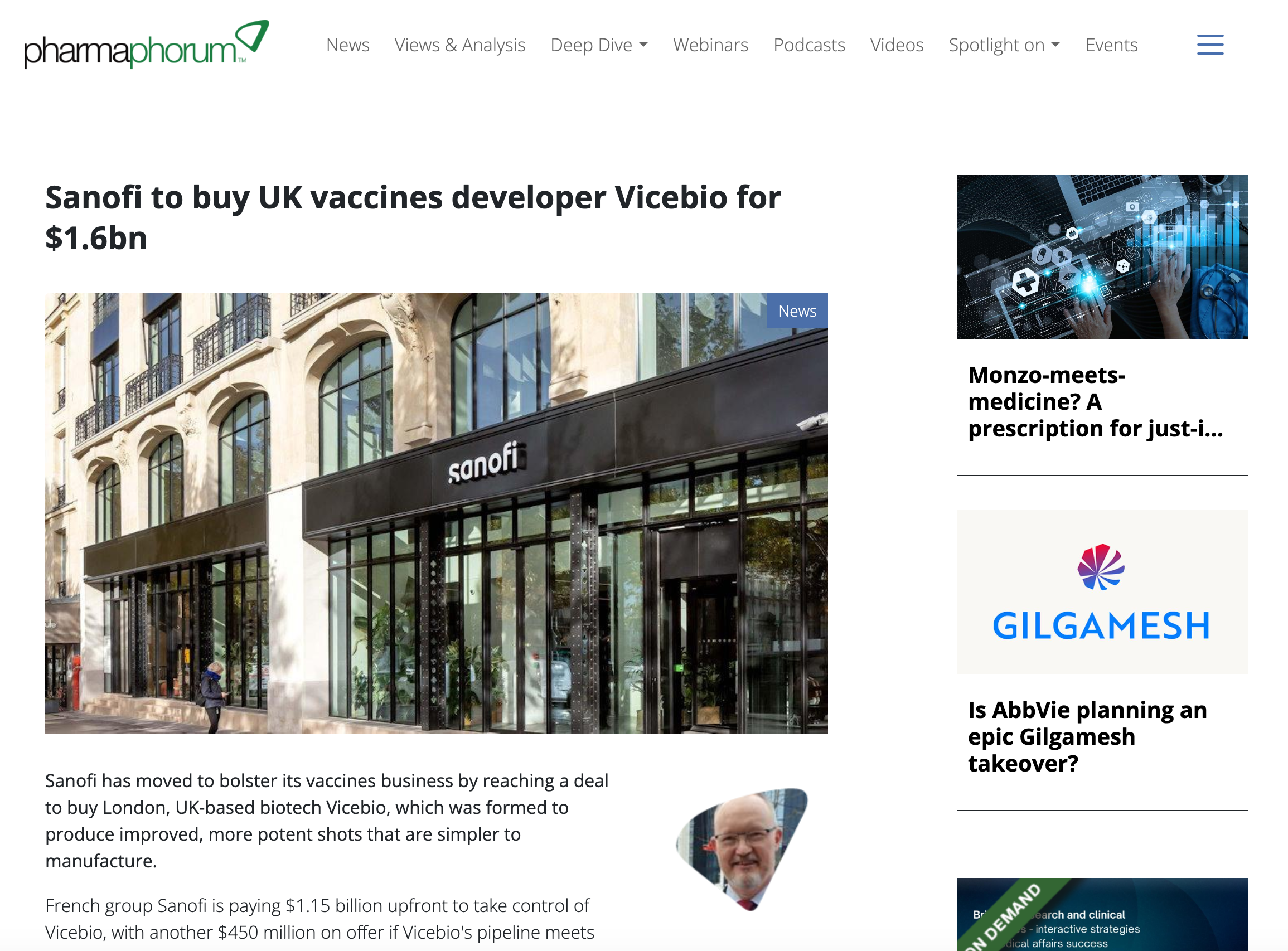 PharmaPhorum PRESS TRADE Sanofi to buy UK vaccines developer Vicebio article AUG 03